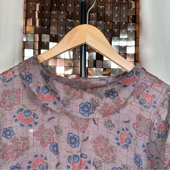 Vintage Purple, Maroon & Navy Checked Plaid & Floral Short Sleeve Sheer Blouse - Picture 3 of 9